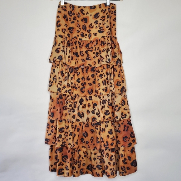 Mara Hoffman Marzia Tiered Maxi Skirt Size 2 Animal Print Ruffle Tan Brown Party - Picture 3 of 12